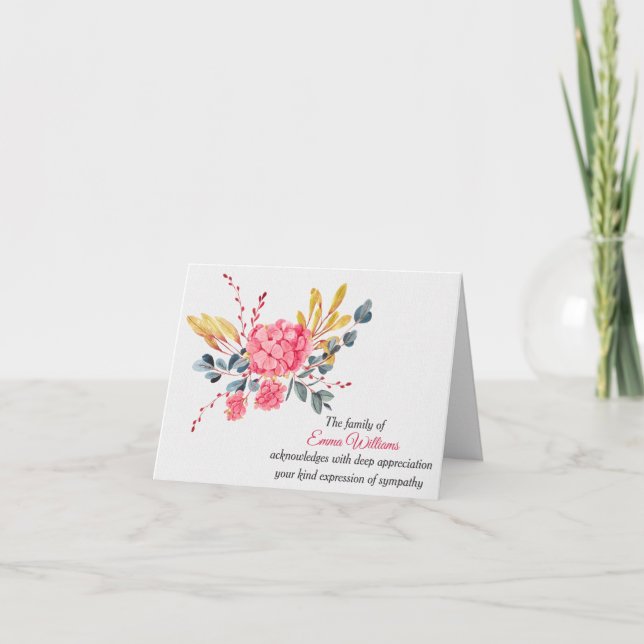 Pink Hydrangea Sympathy Thank You  Card (Front)