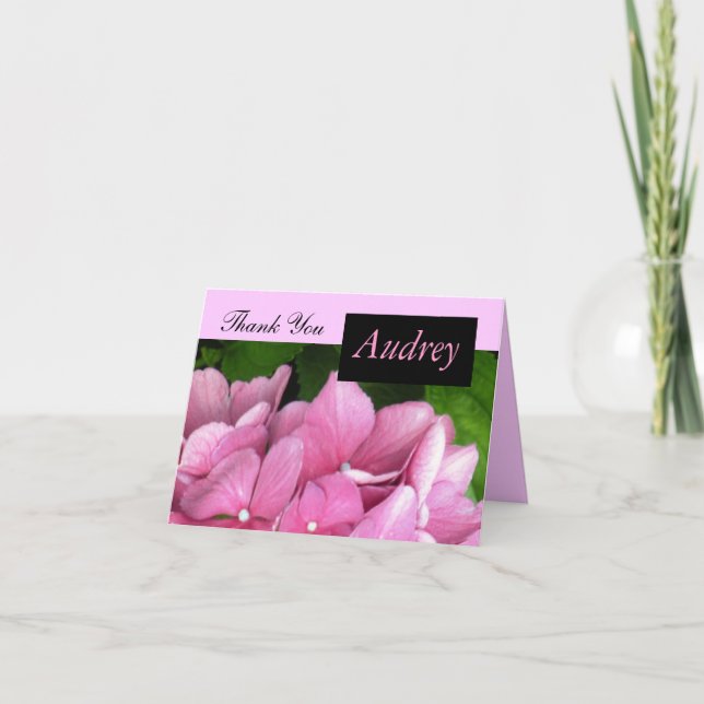 Pink Hydrangea Thank You Card with Name (Front)