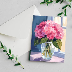 Pink Hydrangea Vase Flower Bouquet Watercolor Card