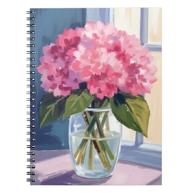 Pink Hydrangea Vase Flower Bouquet Watercolor Notebook (Front)