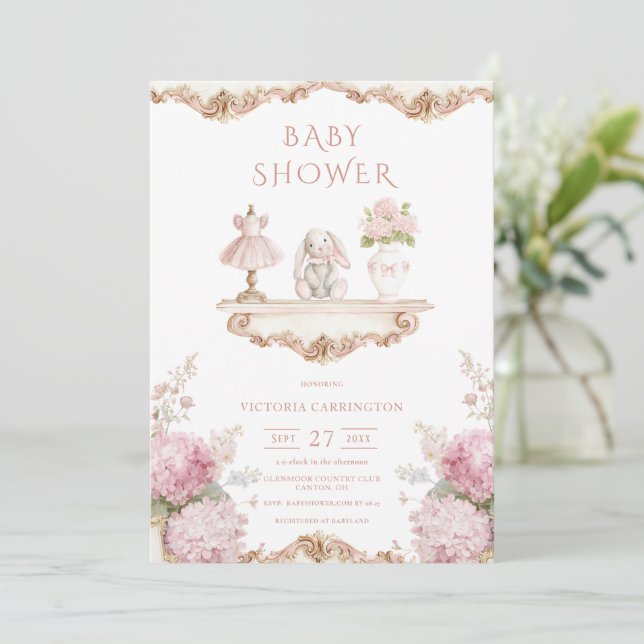 Pink Hydrangea Vintage Baby Shower Invitation (Debout devant)