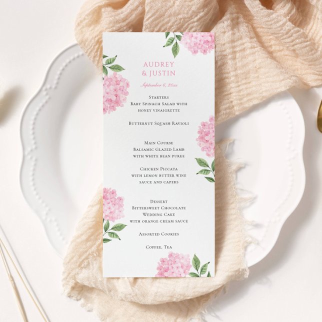 Pink Hydrangea Wedding Dinner, Tall Menu (Creator Uploaded)