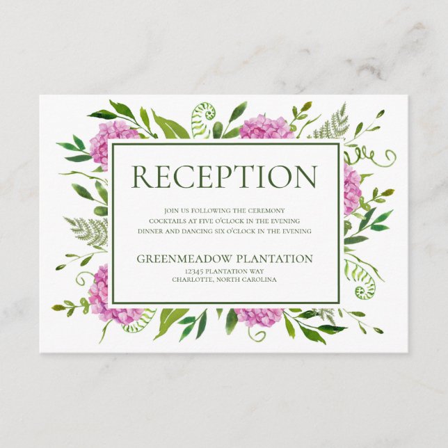 Pink Hydrangea Wedding Reception Enclosure Card (Front)