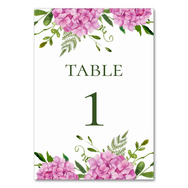 Pink Hydrangea Wedding Table Number (Front)