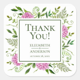 Pink Hydrangea Wedding Thank You Square Sticker