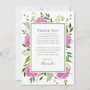 Pink Hydrangeas 40th Birthday  Thank You Card