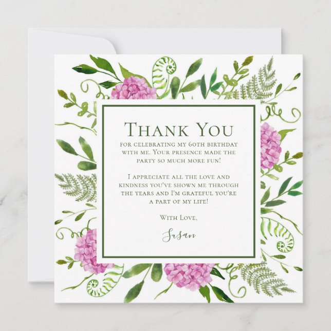 Pink Hydrangeas 60th Birthday  Thank You Card (Front)