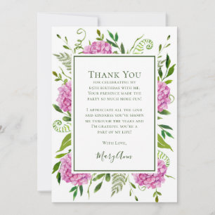 Pink Hydrangeas 65th Birthday Thank You Card