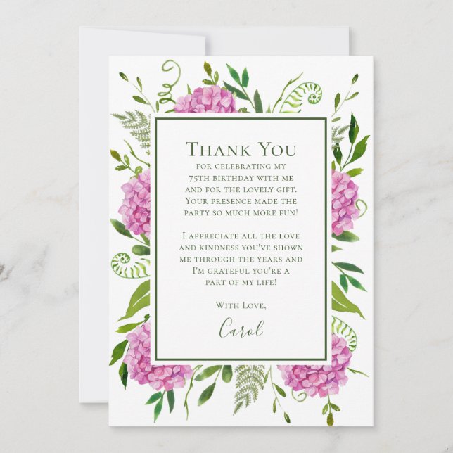 Pink Hydrangeas 75th Birthday  Thank You Card (Front)