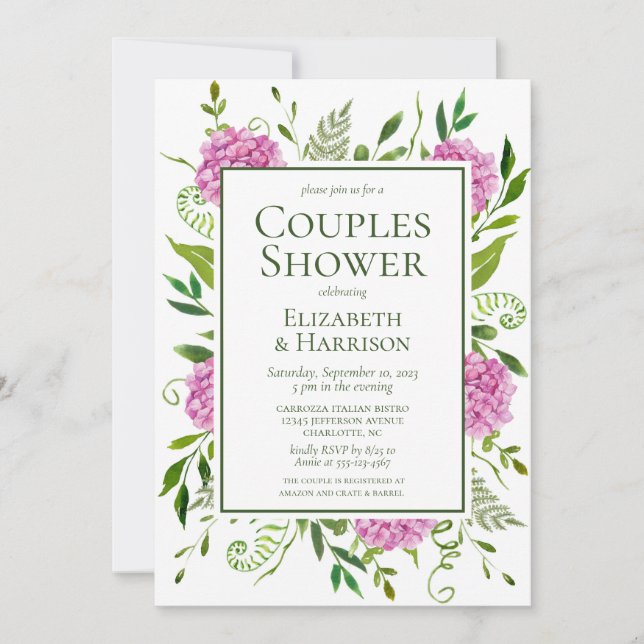 Pink Hydrangeas Couples Shower Invitation (Front)