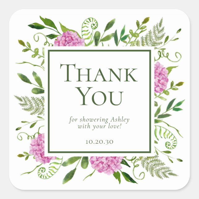 Pink Hydrangeas Girl Baby Shower Thank You Square Sticker (Front)