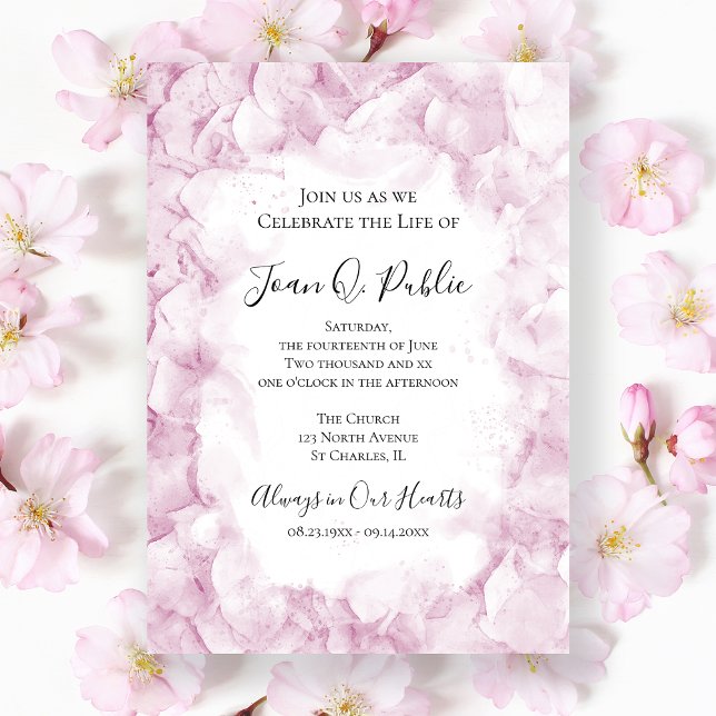 Pink Hydrangeas Watercolor Celebration of Life Invitation (Creator Uploaded)