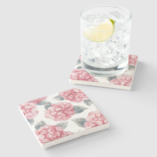 Pink Hydrangeas Watercolor Floral Blooms Painting Stone Coaster