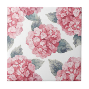 Pink Hydrangeas Watercolor Floral Blooms Painting Tile