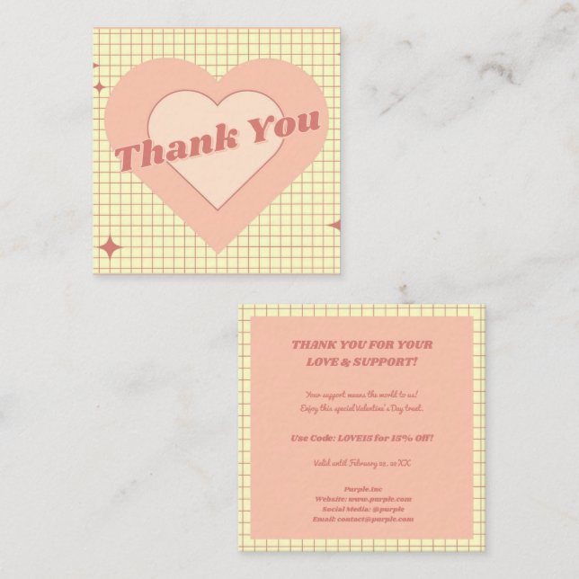 Pink Hypnotic Heart Chequered Pattern Thank You Square Business Card (Front/Back)
