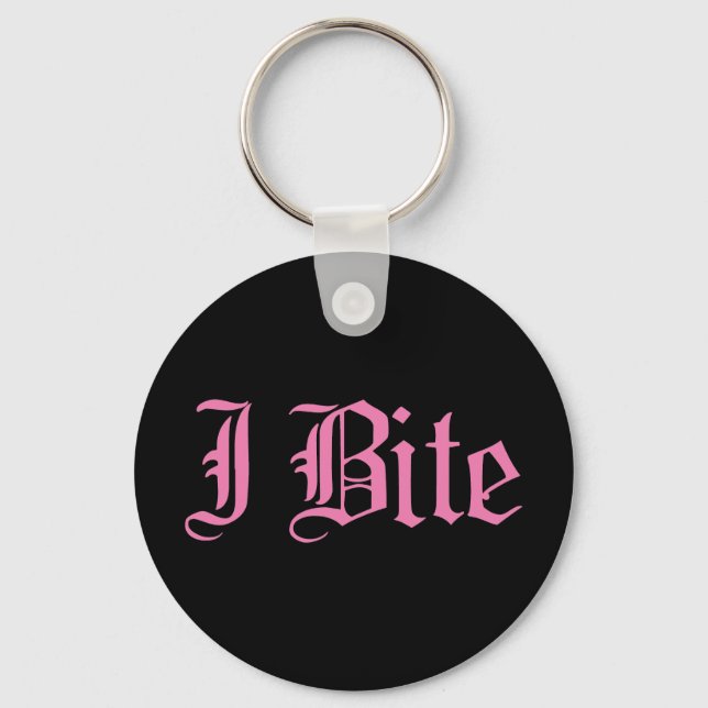 Pink "I Bite" Text Keychain (Front)