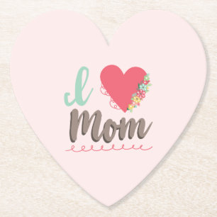 Pink I love mom heart Paper Coaster