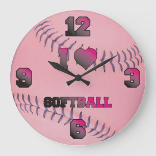 Pink I love softball Large Clock