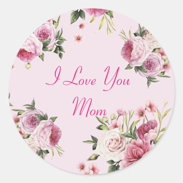 Pink I Love You Mom Classic Round Sticker (Front)