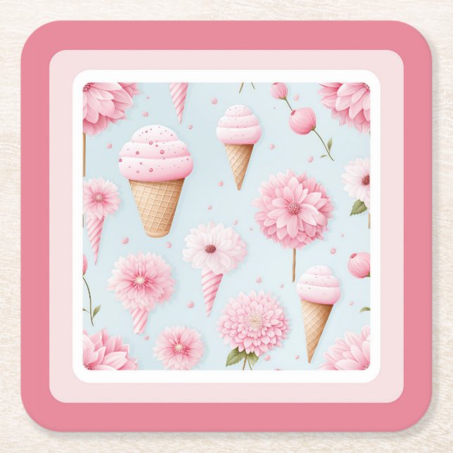 Pink Ice Cream and Flower with Border  Square Paper Coaster (Front)