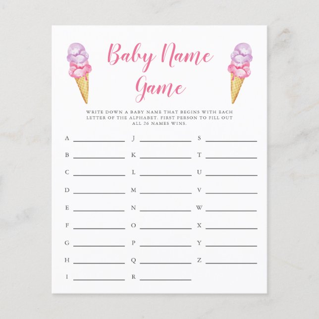 Pink Ice Cream Baby Name Shower Game (Front)