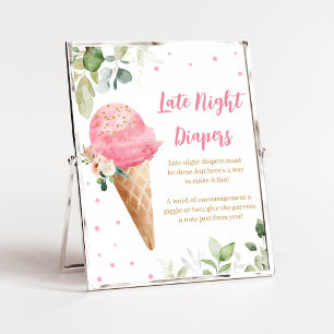 Pink Ice Cream Baby Shower Late Night Diapers Sign