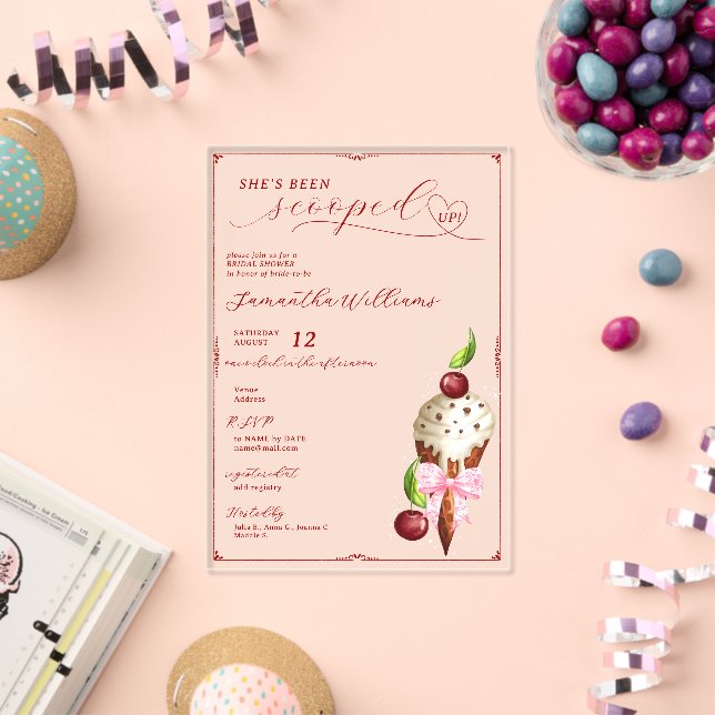 Pink Ice Cream Cherry Red Scooped Up Bridal Shower Acrylic Invitations (Insitu (Celebration))