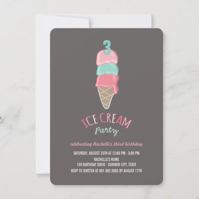 Pink Ice Cream Cone Girl 3rd Birthday Party Invite (Front)