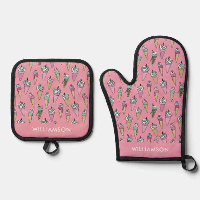Pink Ice Cream Cone  Oven Mitt & Pot Holder Set (Front)