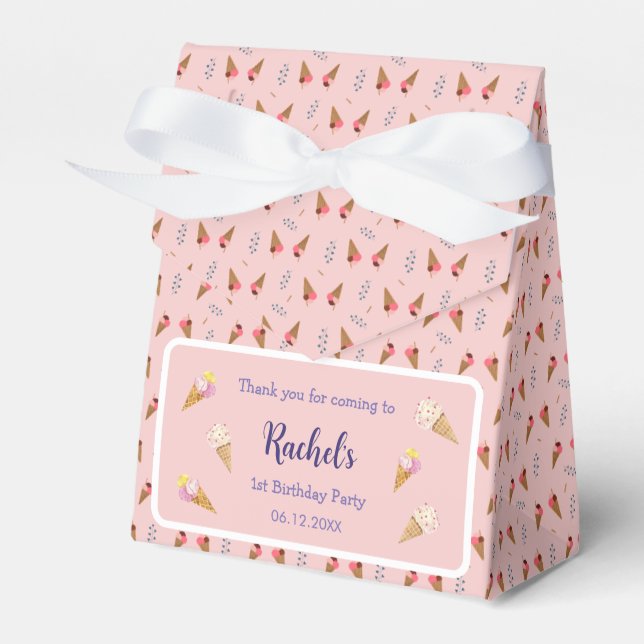 Pink Ice Cream Cone Pattern Girl's First Birthday Favor Box (Front Side)
