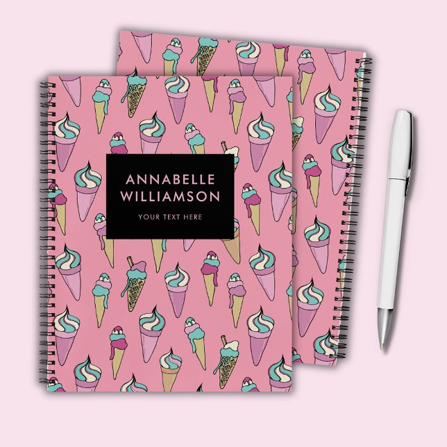 Pink Ice Cream Cone Personalized Notebook (Cute girly pink ice cream personalized spiral notebook)