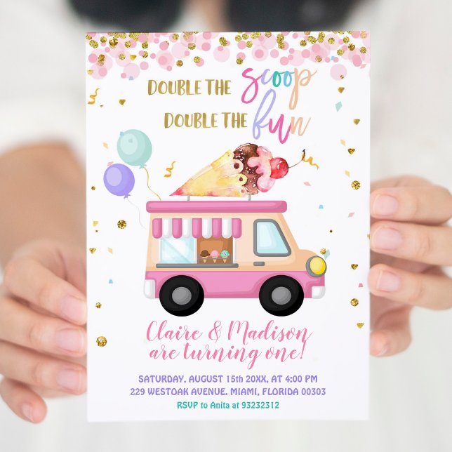 Pink Ice Cream Double The Scoop Twins Birthday Invitation (Creator Uploaded)