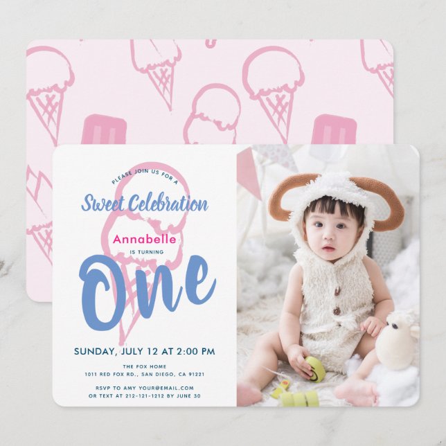 Pink Ice Cream Girl Photo 1st Birthday Invitation (Front/Back)