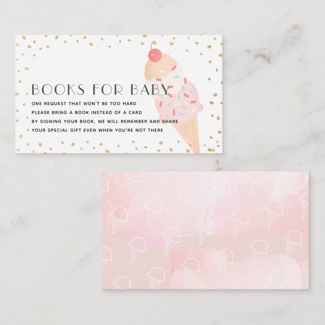 Pink Ice Cream Gold Baby Shower Book Request Enclosure Card (Front/Back)