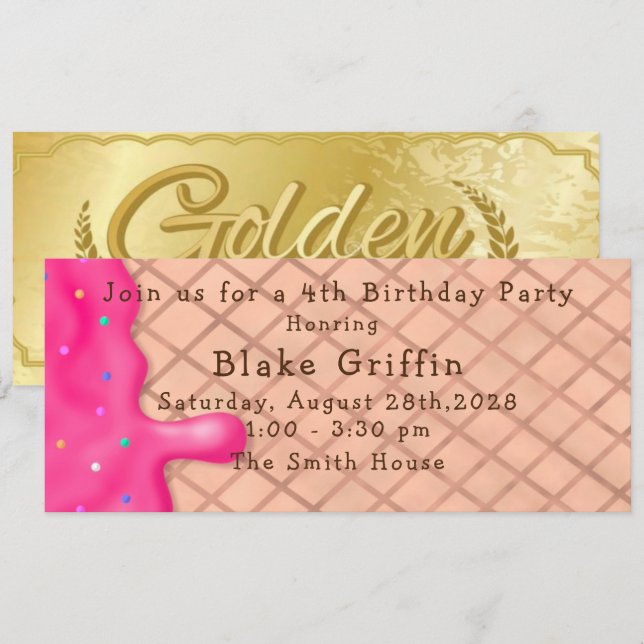 Pink Ice Cream Golden Ticket Birthday Invitation (Front/Back)