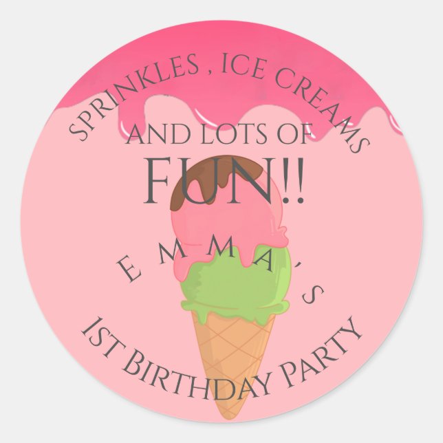 Pink Ice Cream Themed Girl's First Birthday Party Classic Round Sticker (Front)