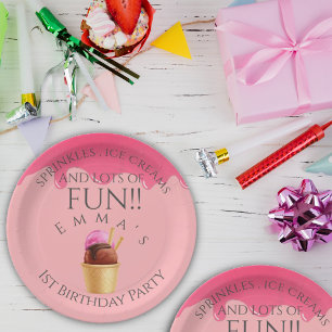 Pink Ice Cream Themed Girl's First Birthday Party Paper Plate