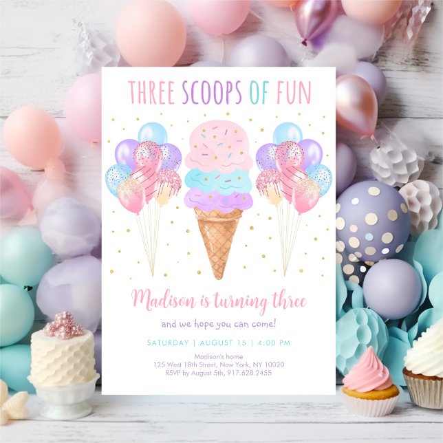 Pink Ice Cream Three Scoops of Fun Birthday Invitation (Creator Uploaded)
