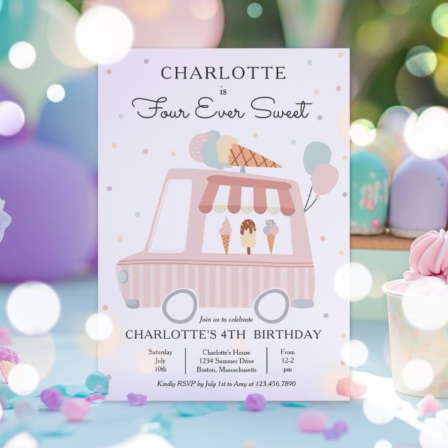 Pink Ice Cream Truck Four Ever Sweet 4th Birthday Invitation (Creator Uploaded)
