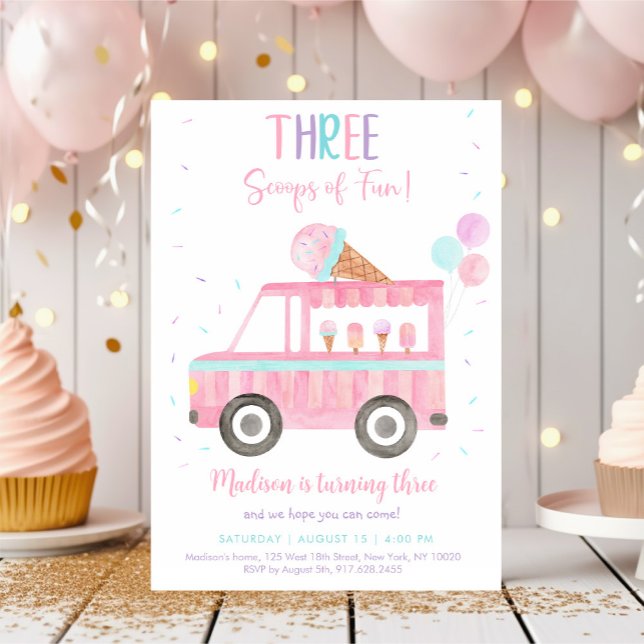 Pink Ice Cream Truck Third Birthday Invitation (Creator Uploaded)