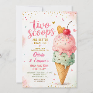 Pink Ice Cream Two Scoops Twin Girls Birthday Invitation