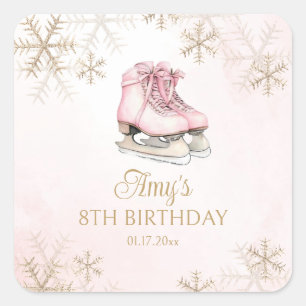 Pink Ice Skating Birthday Gold Glitter Snowflakes Square Sticker