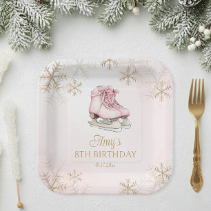 Pink Ice Skating Girl Birthday Gold Snowflakes Paper Plate