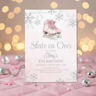 Pink Ice Skating Silver Glitter Snowflake Birthday Invitation