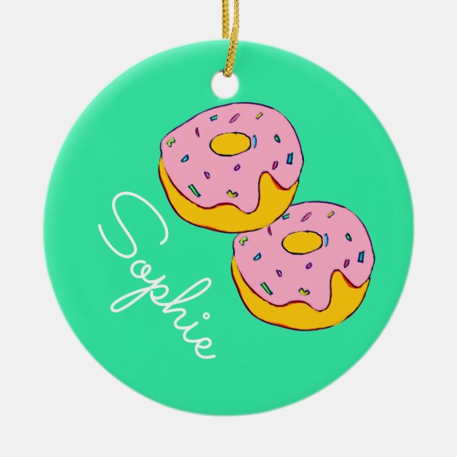 Pink icing doughnut girl's theme sweets name ceramic ornament (Front)