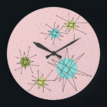 Pink Iconic Atomic Starbursts Acrylic Wall Clock<br><div class="desc">This Pink Iconic Atomic Starbursts Round Acrylic Wall Clock pattern features iconic atomic starbursts. That’s right! The old school, First Lady Pink coloured background with gold speckles is the perfect backdrop for the vibrant turquoise, soothing celery, and kitschy pear green coloured circles. The spots of colour are sporadically placed in...</div>