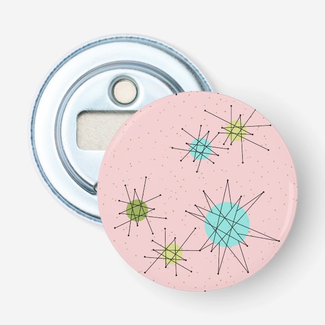 Pink Iconic Atomic Starbursts Button Bottle Opener (Front)