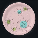 Pink Iconic Atomic Starbursts Paper Plates<br><div class="desc">This Pink Iconic Atomic Starbursts Paper Plate (large print) pattern features iconic atomic starbursts. That’s right! The old school, First Lady Pink coloured background with gold speckles is the perfect backdrop for the vibrant turquoise, soothing celery, and kitschy pear green coloured circles. The spots of colour are sporadically placed in...</div>