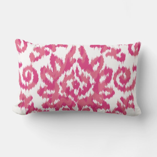 Pink Ikat Boho Whimsical Ethnic Girly White & Pink Lumbar Pillow (Front)