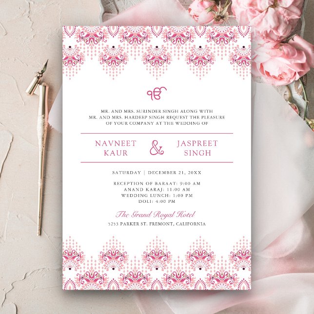 Pink Ikat Border Anand Karaj Sikh Wedding Invitation (Creator Uploaded)